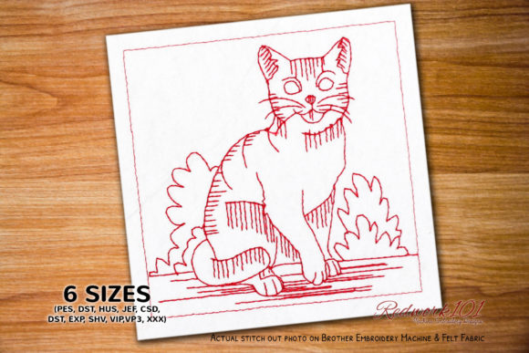 Charming Cute Happy Kitten Redwork