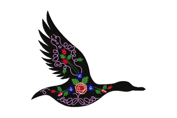 Flying Black Bird with Vintage Flowers