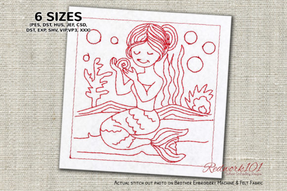 Mermaid Girl Sitting on Sand Redwork for Small Business