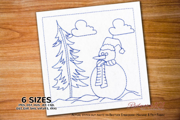 Snowman Wearing Santa Cap Redwork